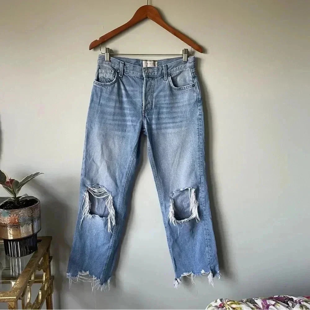 Free People | Frayed Hem  Busted Knees Straight Jeans